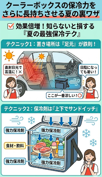 夏の保冷テク。(1)車の置き場所は「足元（日陰）」が鉄則（後部座席の日向NG例との対比）、(2)保冷剤は「サンドイッチ配置（食材の上下）」が最強、のイラスト解説。