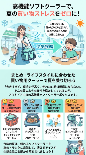 高機能ソフトクーラーを肩にかけ、涼しげな笑顔でスーパーから出てくる主婦と、家で溶けていない綺麗な形のアイスを食べる子どものイラスト。下部には、レジカゴ対応、大容量、最強保冷、15Lのお手軽サイズといった、ライフスタイルに合わせたおすすめクーラーボックスのまとめが記載されています。