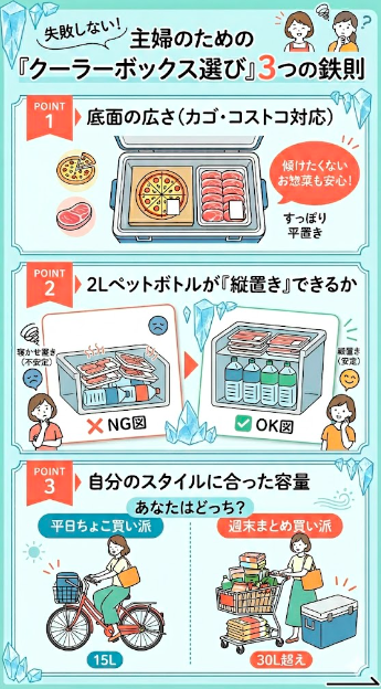買い物用クーラーの3大基準。(1)底面平置き（カゴ・コストコピザ対応）、(2)2Lペットボトル『縦置き』可否（高さを低くした横置きNG例との比較）、(3)スタイル別容量（15L vs 30L超え）。
