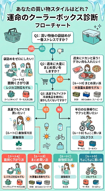 買い物スタイルに合わせた診断チャート。面倒くさがり派(レジカゴ対応)、まとめ買い派(大容量&柔軟)、最強保冷派(ロゴス)、ちょこちょこ買い派(15Lクラス)の4ルートで最適なモデルを提案。