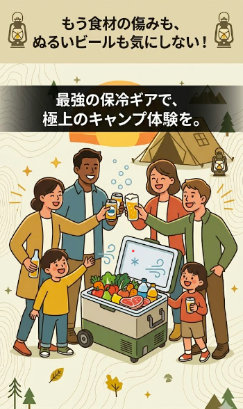キャンプ場で多様なファミリーがポータブル冷蔵庫を囲み、冷えたビールで乾杯しているイラスト。「もう食材の傷みも、ぬるいビールも気にしない！最強の保冷ギアで、極上のキャンプ体験を。」というメッセージが添えられています。