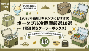 「【2026年最新】キャンプにおすすめポータブル冷蔵庫厳選10選（電源付きクーラーボックス）」のアイキャッチ画像。アースカラーを背景に、キャスター付きやコンパクトタイプなど多様なポータブル冷蔵庫のイラストが並び、「保冷剤不要！」「アイスも溶けない圧倒的保冷力！」といった魅力的なキャッチコピーが配置されています。