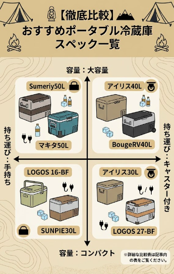 おすすめポータブル冷蔵庫のスペック比較マトリクス図。縦軸を「容量（コンパクト⇔大容量）」、横軸を「持ち運び（手持ち⇔キャスター付き）」とし、アイリスオーヤマ、BougeRV、Sumeriy、マキタ、LOGOS、SUNPIEなどの代表モデルの立ち位置を視覚的にマッピングしています。