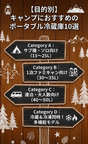 「目的別キャンプにおすすめのポータブル冷蔵庫10選」のロードマップ風図解。Category A：サブ機・ソロ向け（15〜25L）、Category B：1泊ファミキャン向け（30〜35L）、Category C：連泊・大人数向け（40〜50L）、Category D：冷蔵＆冷凍同時対応の多機能モデル、という4つの看板が描かれています。
