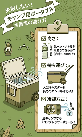 「失敗しない！キャンプ用ポータブル冷蔵庫の選び方」のチェックリスト図解。絶対条件として、1. 高さ（2Lペットボトルが縦置きできる内寸31cm以上）、2. 持ち運び（大型キャスターと長めのハンドルが必須）、3. 冷却方式（夏キャンプならコンプレッサー式一択）の3点をイラスト付きで解説しています。